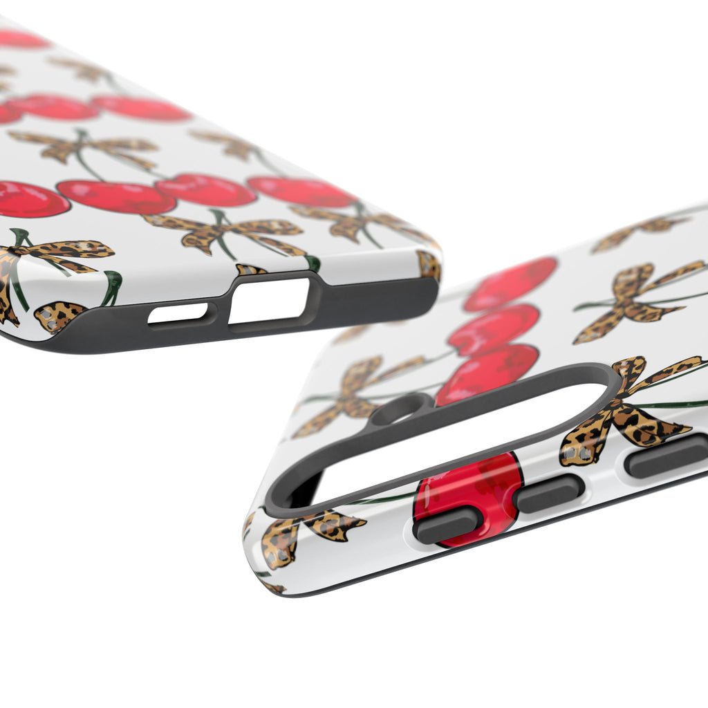 Cherry Pattern Phone Case — Retro Red Cherries with Leopard Bow iPhone Case