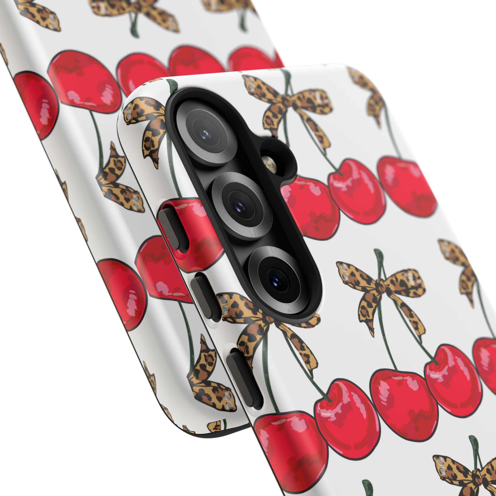 Cherry Pattern Phone Case — Retro Red Cherries with Leopard Bow iPhone Case