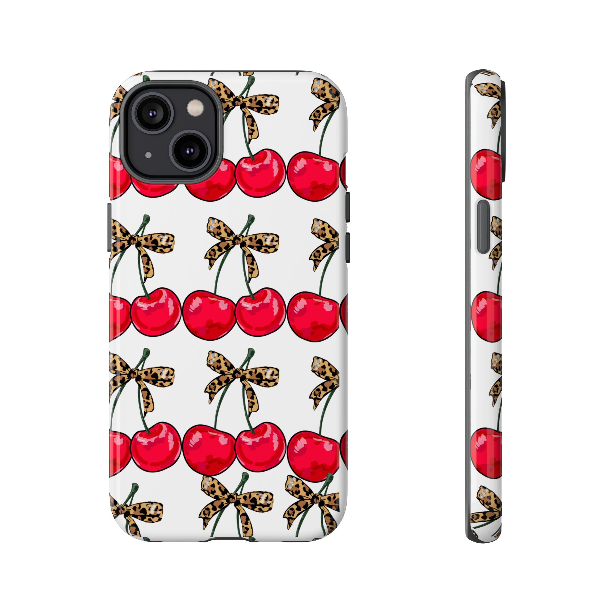 Cherry Pattern Phone Case — Retro Red Cherries with Leopard Bow iPhone Case