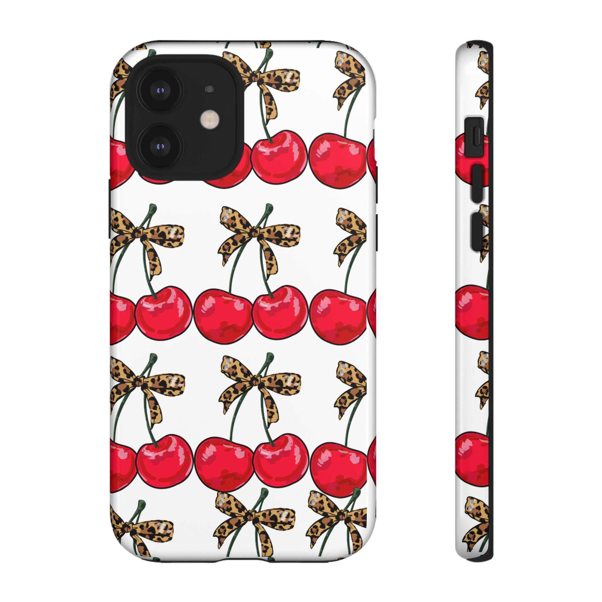 Cherry Pattern Phone Case — Retro Red Cherries with Leopard Bow iPhone Case