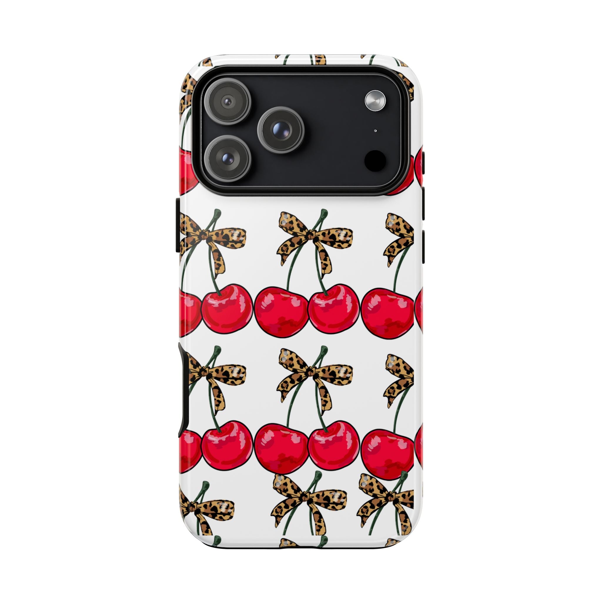 Cherry Pattern Phone Case — Retro Red Cherries with Leopard Bow iPhone Case
