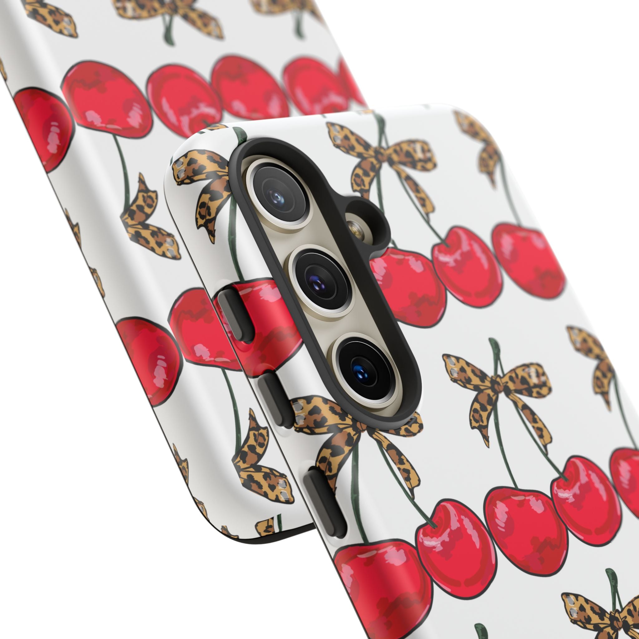 Cherry Pattern Phone Case — Retro Red Cherries with Leopard Bow iPhone Case