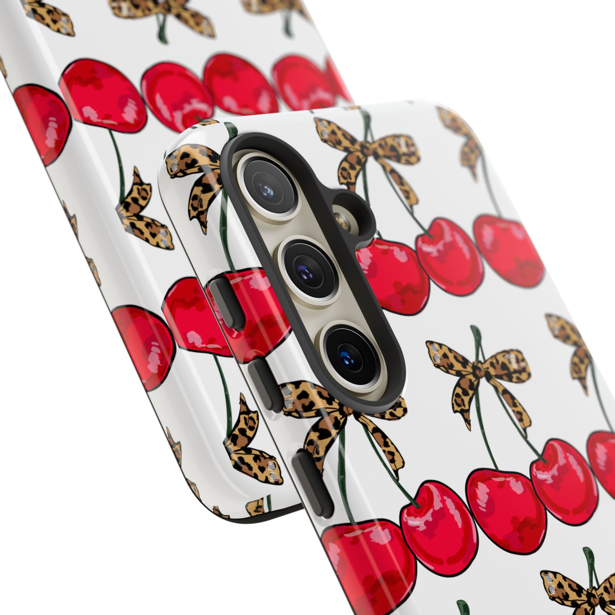 Cherry Pattern Phone Case — Retro Red Cherries with Leopard Bow iPhone Case