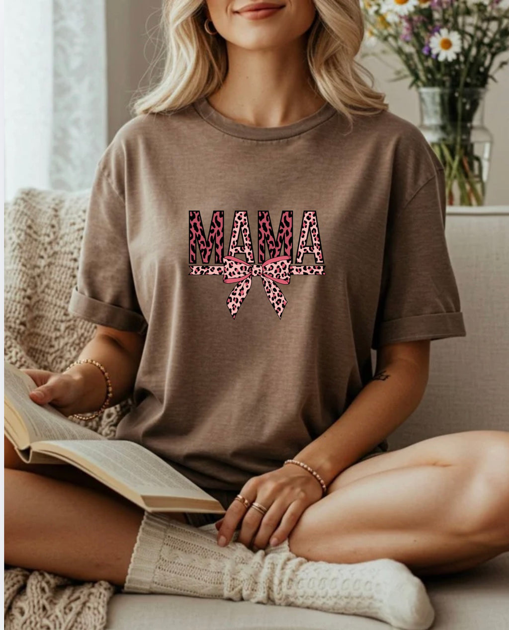 Mama Leopard Bow Tee — Floral Leopard Print "MAMA" Mother's Day T‑Shirt
